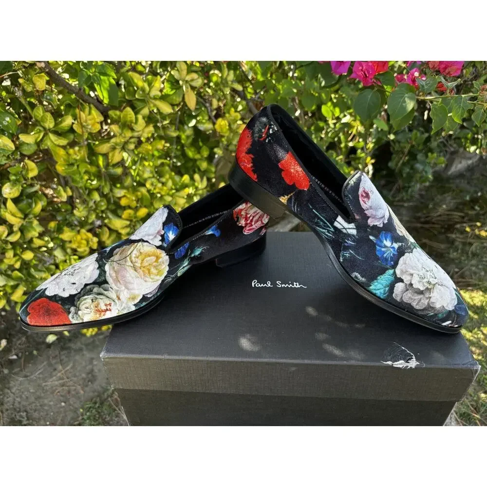 Paul Smith Tudor Velvet Loafer Shoes Floral Black Sz 39 US 6